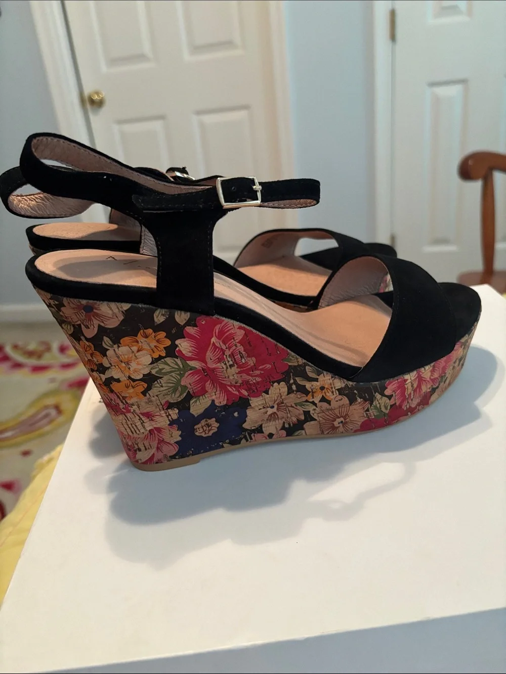 Anthropologie Black Suede Floral Cork-Style Platform Wedge Sandals